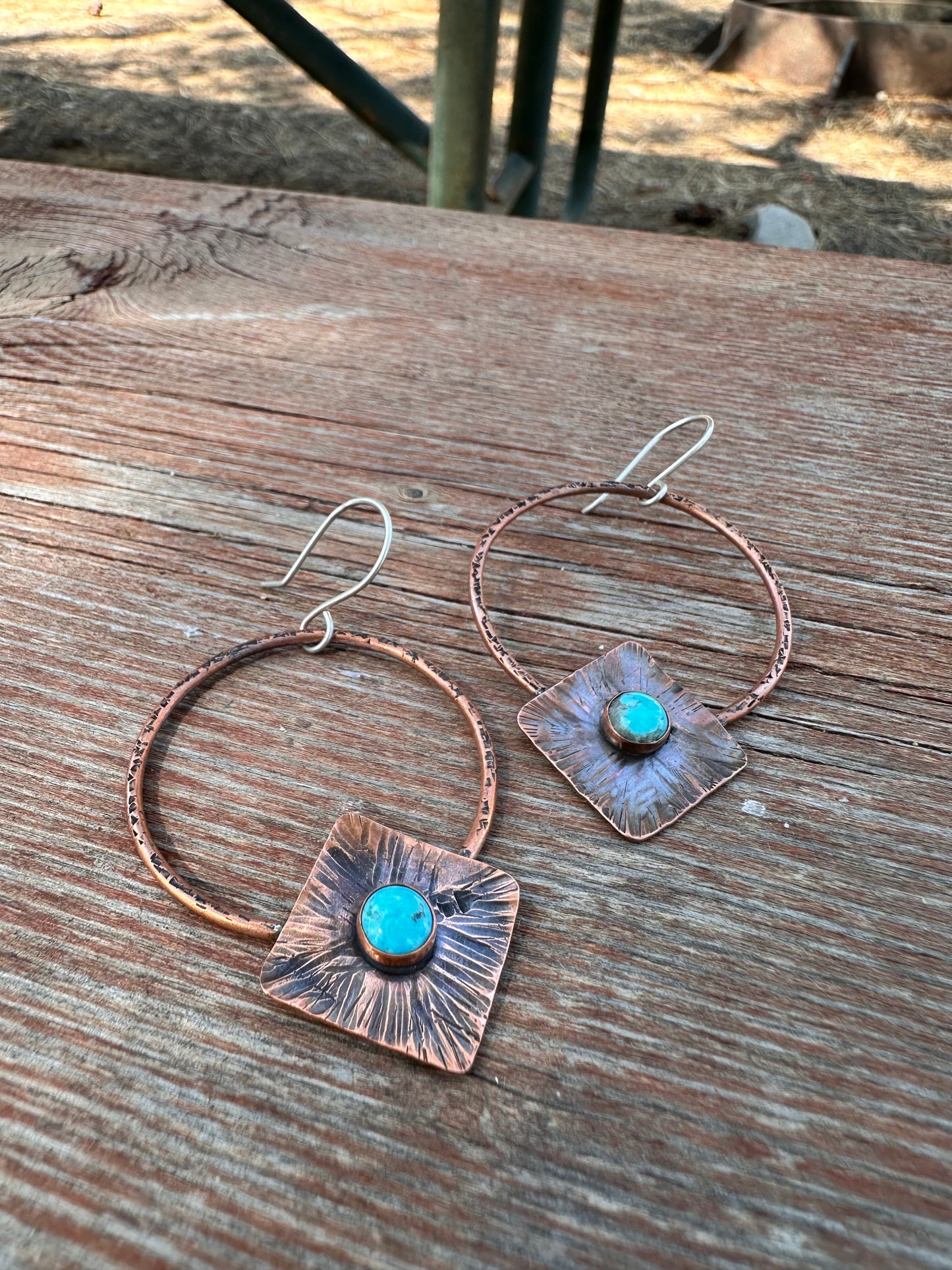 Kingman Turquoise Textured Copper Hoops