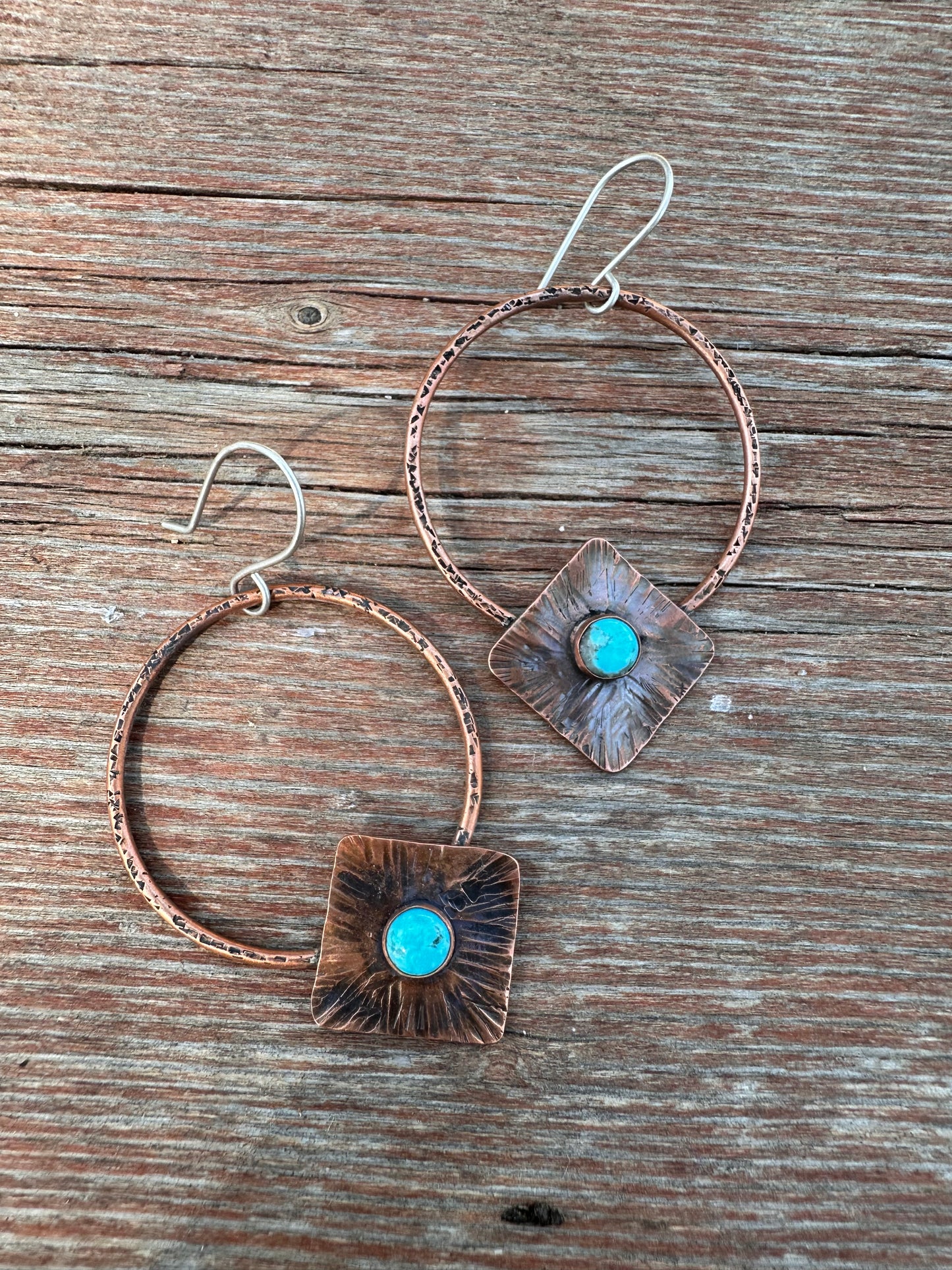 Kingman Turquoise Textured Copper Hoops