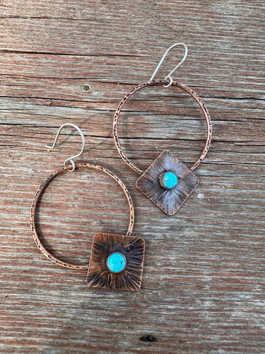 Kingman Turquoise Textured Copper Hoops
